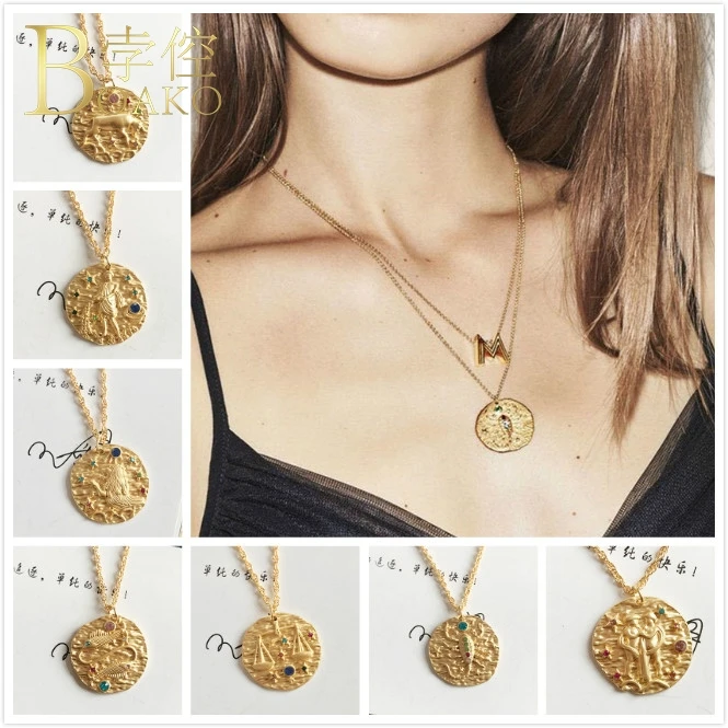 

BOAKO Relief Zodiac Coin Gold Chain Necklace Women 12 constellation pendant necklace horoscope statement collar girl jewelry K5