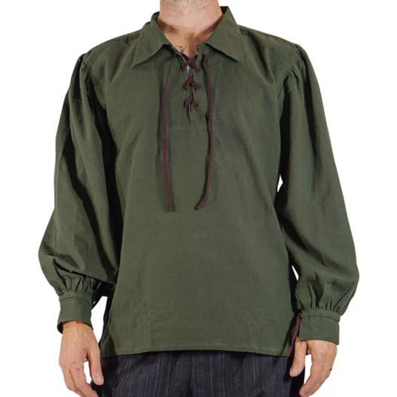 Винтажная Мужская стягивающая рубашка с длинным рукавом, средневековый стиль, пояс в стиле ретро, рубашка свободного дизайна, однотонные топы, Весенняя Мужская одежда, Новинка - Цвет: green