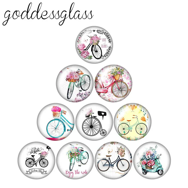 

Flowers bicycle Leisure travel 10pcs mixed 12mm/18mm/20mm/25mm Round photo demo glass cabochon flat back Making findings