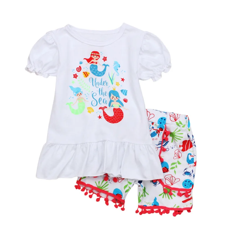 

Fashion Girls Clothing Set Cartoon Mermaid Girls T shirt + Shorts 2pcs Children Set Kids Clothes