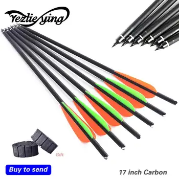 

6pcs 17" Diameter 8.8mm Carbon arrows with replace arrowhead and Orange Green vanes for Longbow Curved Bow Hunting Arrow Arc