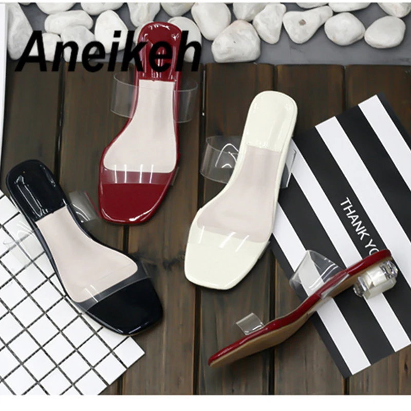 

Aneikeh New Women Sandals Fashion Gladiator PVC Casual Slip On Summer Shoes Sexy Shallow Clear Heel High Heel Sandals Size 35-40