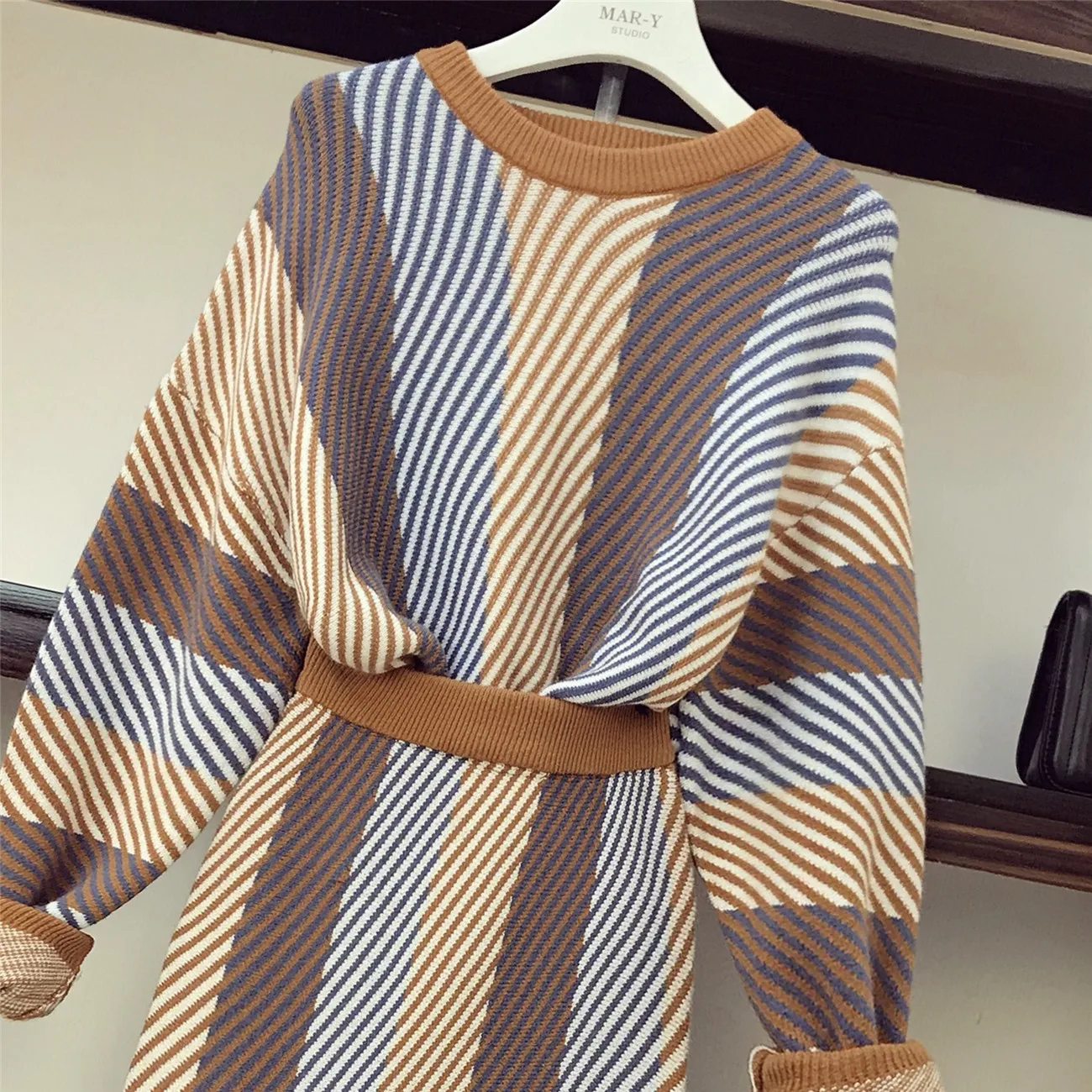 ALPHALMODA Autumn Winter Color Striped Knit Skirt Suit Loose Pullover sweater Back Slit Skirts Women 2pcs Casual Sets
