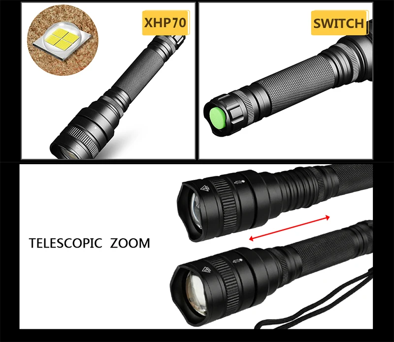 Светодиодный фонарь XHP70.2, тактический светодиодный фонарь, масштабируемый фонарик, водонепроницаемый фонарь, перезаряжаемый аккумулятор 18650