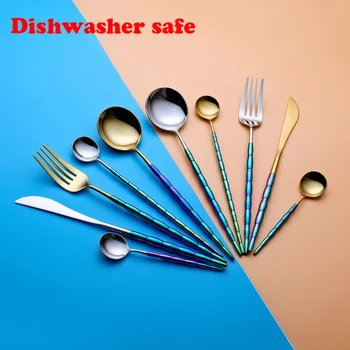 

Hot Sale 4 pieces Bamboo Dishwasher safe Rainbow color Dinnerware 304 Stainless Steel Western Cutlery Kitchen Food Tableware set