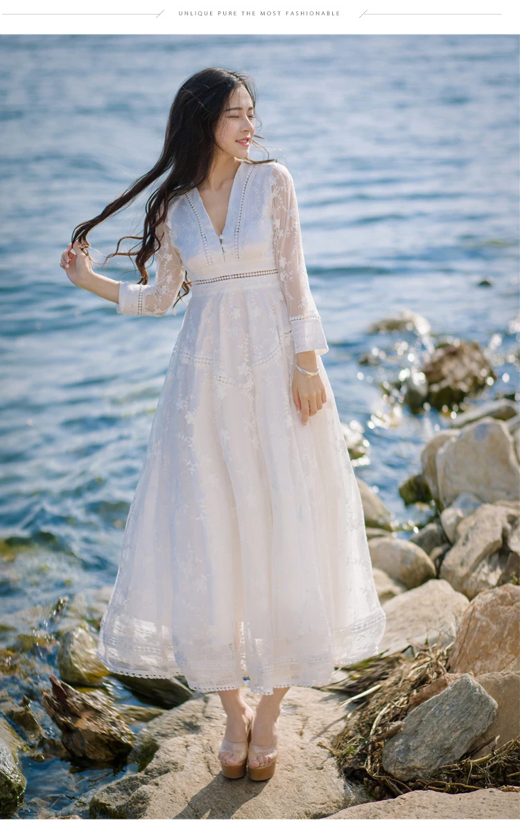 Женское кружевное пэтчворк Длинное Макси платье Vestidos модное платье тонкое с v-образным вырезом необычное открытое кружевное платье пляжные вечерние платья белого цвета
