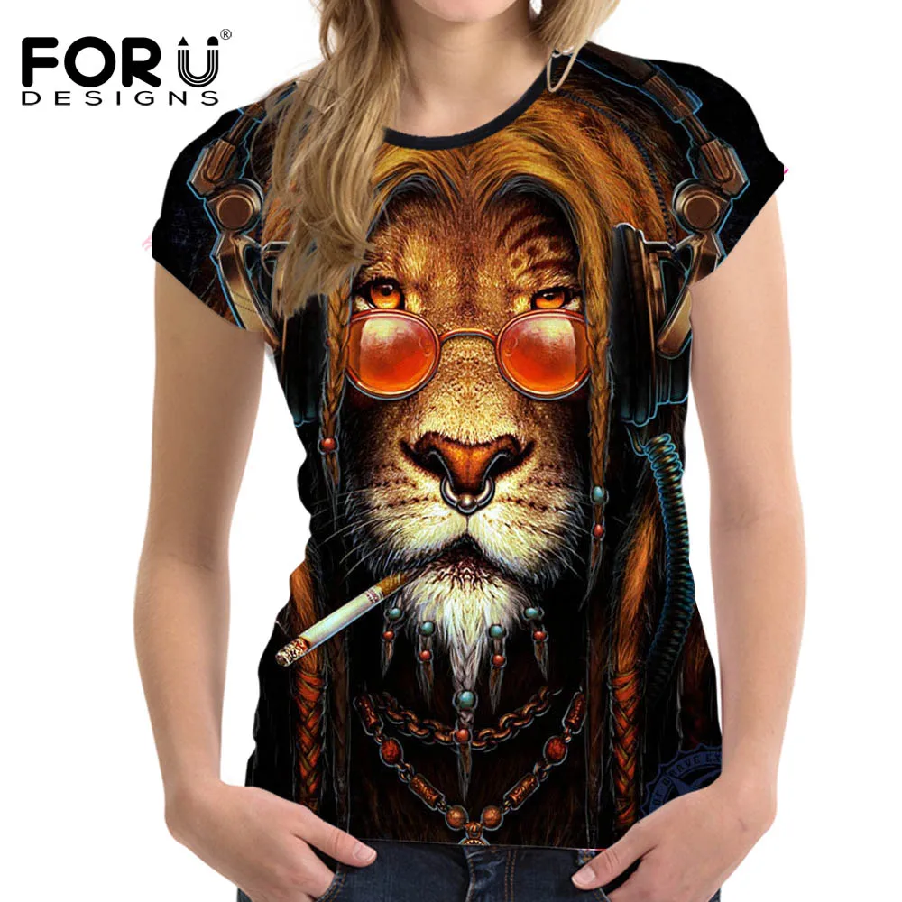 FORUDESIGNS Tshirt Women 3D Lion Printing Woman Tops Short Sleeved Casual Shirt For Ladies Slim Bodybuilding