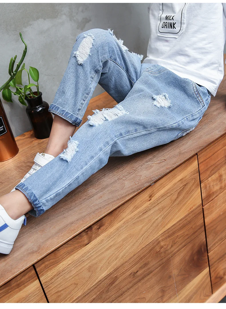 Calças de Brim Menina Meninos Rasgado Calça Jeans Outono Crianças Buracos Crianças Grandes Calças Jeans da Moda Meninos Roupas 4 13 Anos 11 Menina meninos jeans rasgado outono crianças calças