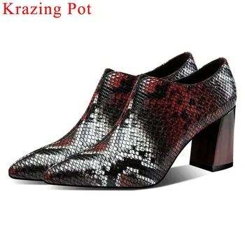 

2019 superstar sexy snakeskin grain sheep leather block high heels zipper oxford pointed toe pumps dress party model shoes L7f4