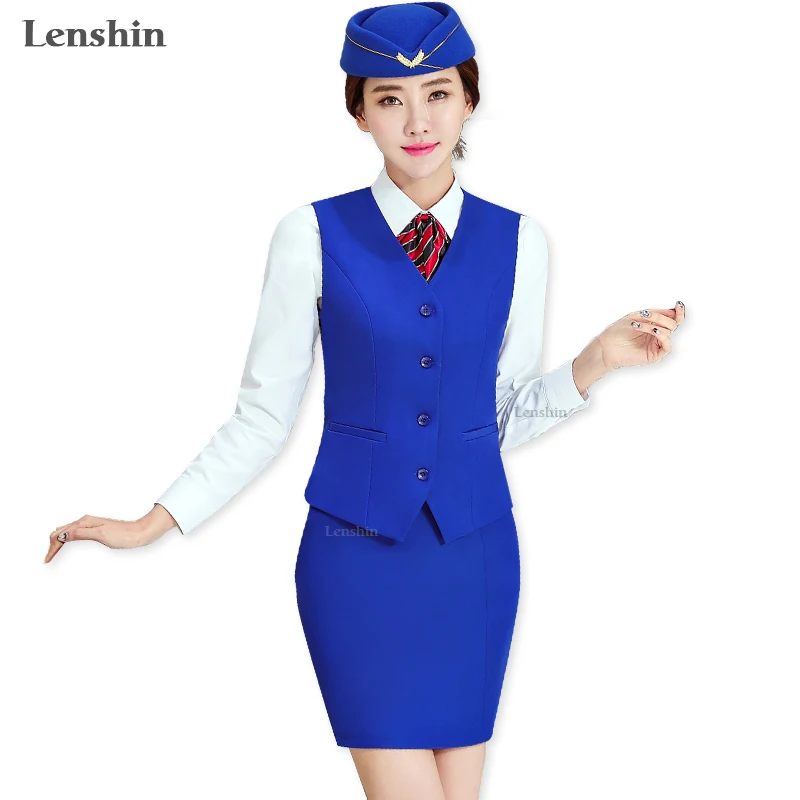 Lenshin комплект из 2 предметов синяя юбка костюм для женщин без рукавов жилет и Офисная Женская юбка деловая официальная одежда