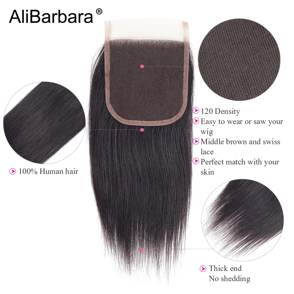 Alibarbara волос 4x4 закрытия шнурка бразильский Прямые человеческих волос Швейцарский Закрытие Бесплатная/средний/третья часть 120% плотность 8-20