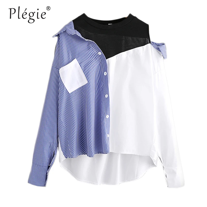 

Plegie Contrast Patchwork Shirt Blouse Women Asymmetric Open Shoulder Sexy Tops 2018 Fashion Striped Casual Dip Hem Shirt