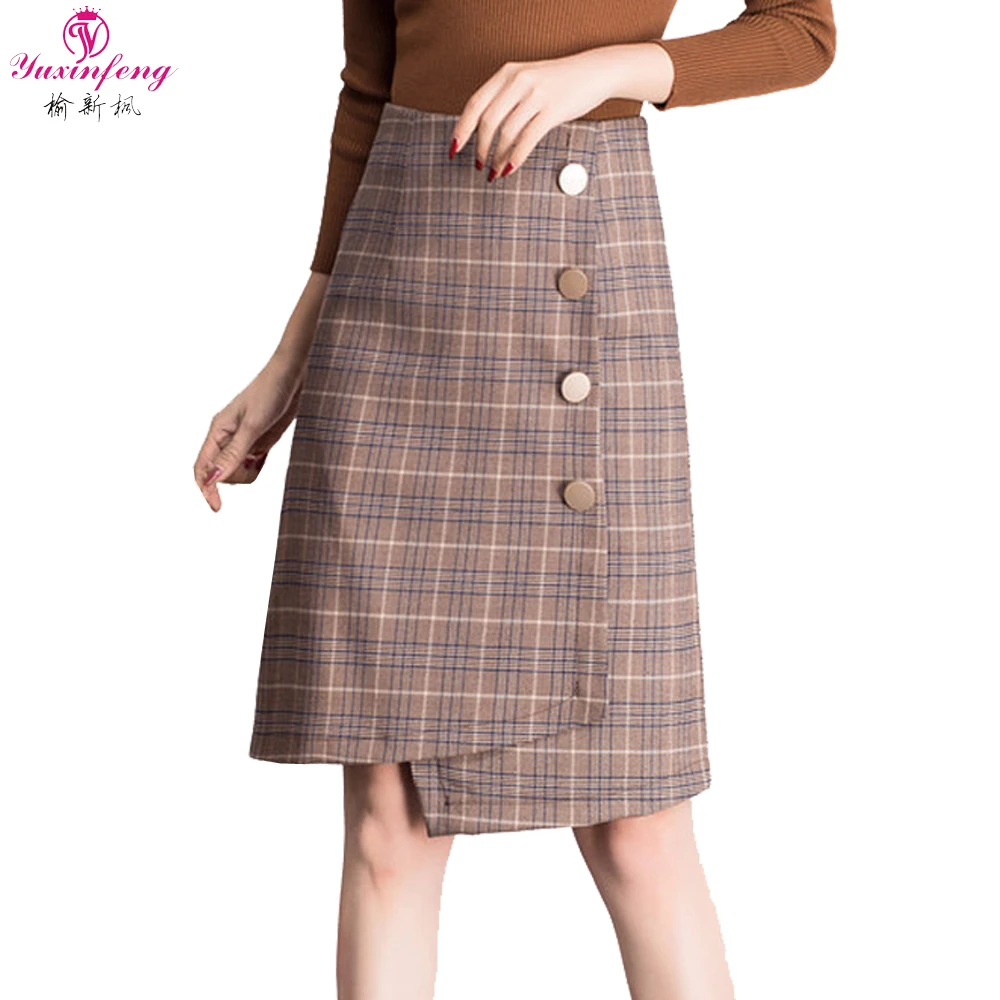 Yuxinfeng офис плед Женская юбка 4XL тонкий бизнес костюмная юбка дамы Высокая талия Нерегулярные Плюс размеры трапециевидной формы юбки для женщи