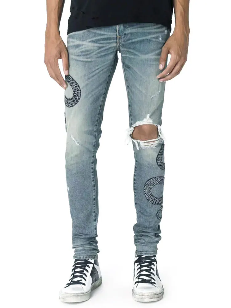 

American Streetwear Fashion Men Jeans Snake Embroidery Destroyed Ripped Jeans Men Broken Pants Brand Hip Hop Skinny Jeans hombre