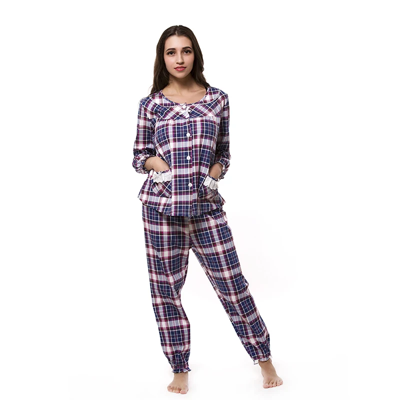 2018 New Women Pyjamas Sets Plaid Button Front Long Sleeves Turn down