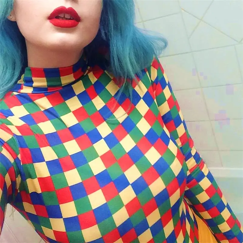 InstaHot Colorful Mock Neck Plaid Bodysuits Women Long Sleeve Checkered Print Elastic Skinny Bodysuit Sexy Streetwear 2019 Tops