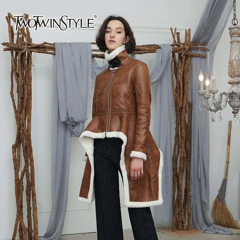 

TWOTWINSTYLE Irregular Fleece Coats Women Turtleneck Long Sleeve Velvet Thick Jacket Tops Female 2019 Winter Plus Size Fashion