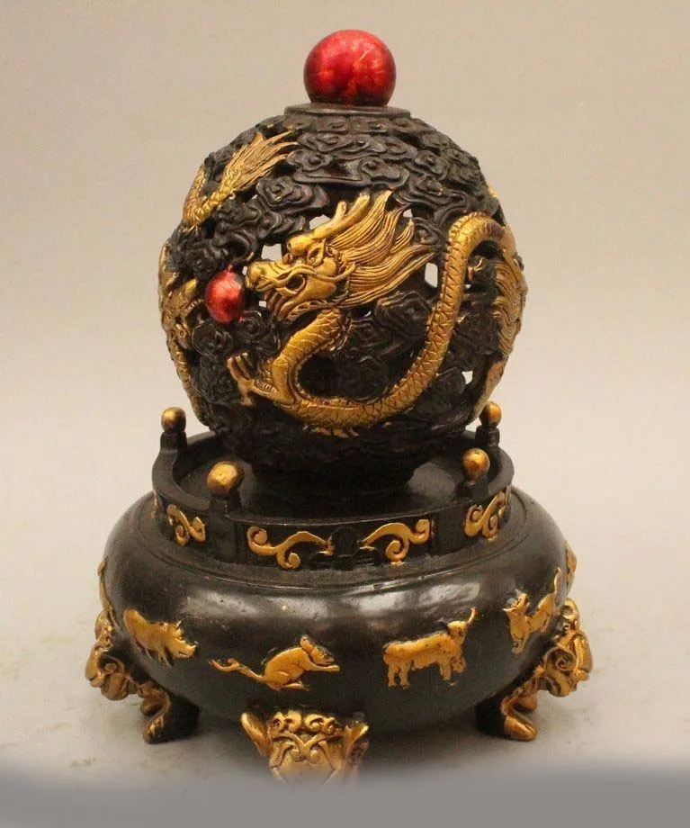 

10" Chinese Folk Bronze Gild Nine Dragon Play Bead Statue Feng Shui Round Globe