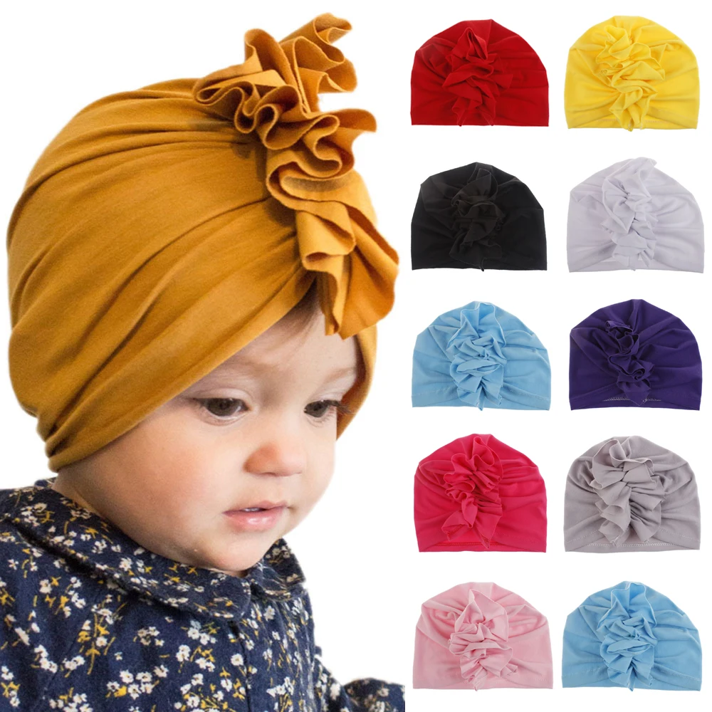 Детские летние аксессуары, Модная хлопковая шапка-чалма для новорожденных и маленьких мальчиков и девочек, однотонная шапка ярких цветов с оборками