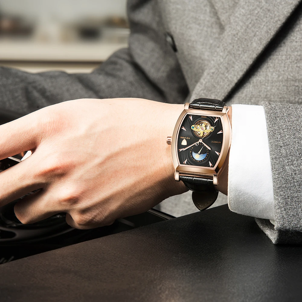 TEVISE Mens Watches Tonneau Moon Phase Automatic Watch Waterproof Self-Wind Mechanical Wristwatches Leather Strap + Box 8383D (11)
