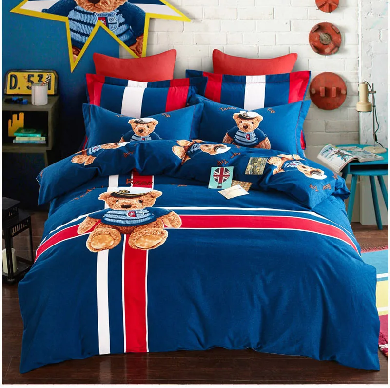 

Queen King 4Pcs Blue Winnie Cartoon Bedding sets 100% Cotton Sanding Duvet cover Bed sheet set hello kitty giraffe pink Rabbit