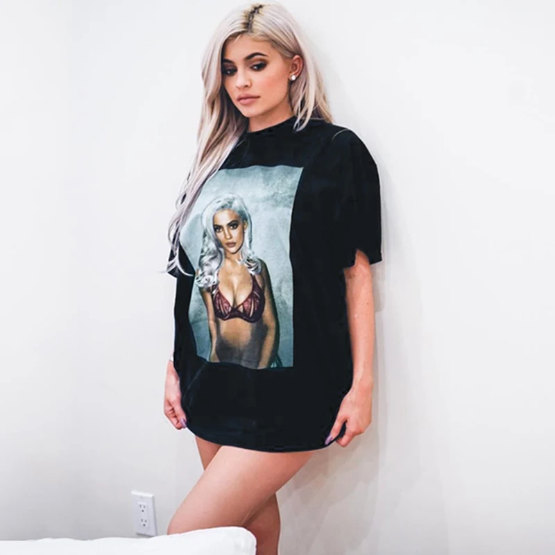 Kyliejenner Черная Женская футболка с принтом модные сексуальные свободные футболки с круглым вырезом футболки для женщин хип-хоп размера плюс S-3XL