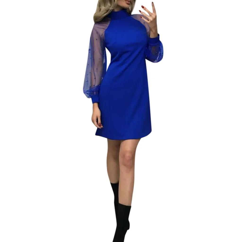 Женское осеннее платье с жемчугом и бусинами, женское платье из прозрачной сетки с длинным рукавом, туника с круглым вырезом, ТРАПЕЦИЕВИДНОЕ Элегантное Вечерние мини-платья Vestidos - Color: Blue
