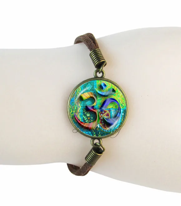 

3D OM bracelet mandala glass dome pendant namaste bangles yoga suede leather pulseras hand accessories Hinduism cuff bracelets