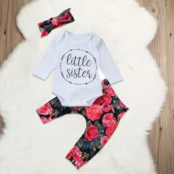 Little sister/милый комбинезон с буквенным принтом для маленьких девочек, штаны с розами, повязка на голову, летняя одежда для детей, одежда для