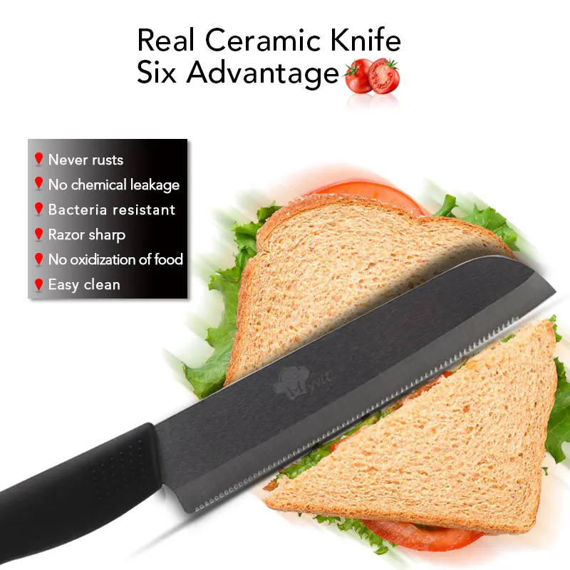 Керамический нож для приготовления " 4" " дюймов+ 6 дюймов зубчатый нож для хлеба+ Овощечистка циркония черное лезвие для приготовления фруктов кухонные ножи