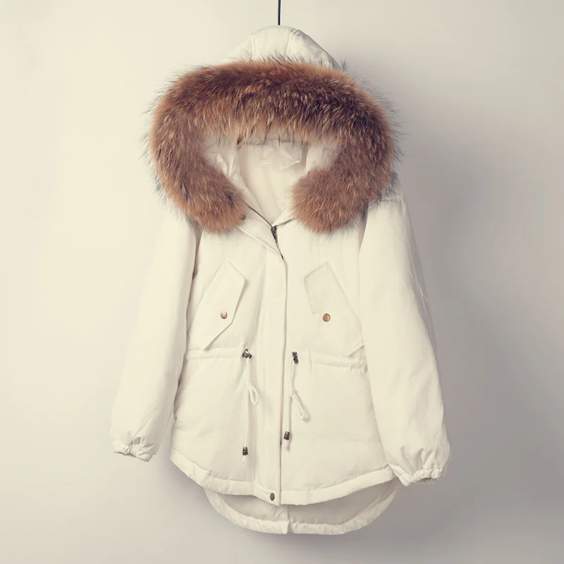 Зимняя женская куртка из натурального меха енота,, зимнее пальто, куртка для женщин, толстый теплый пуховик, куртка на утином пуху, Свободное пальто