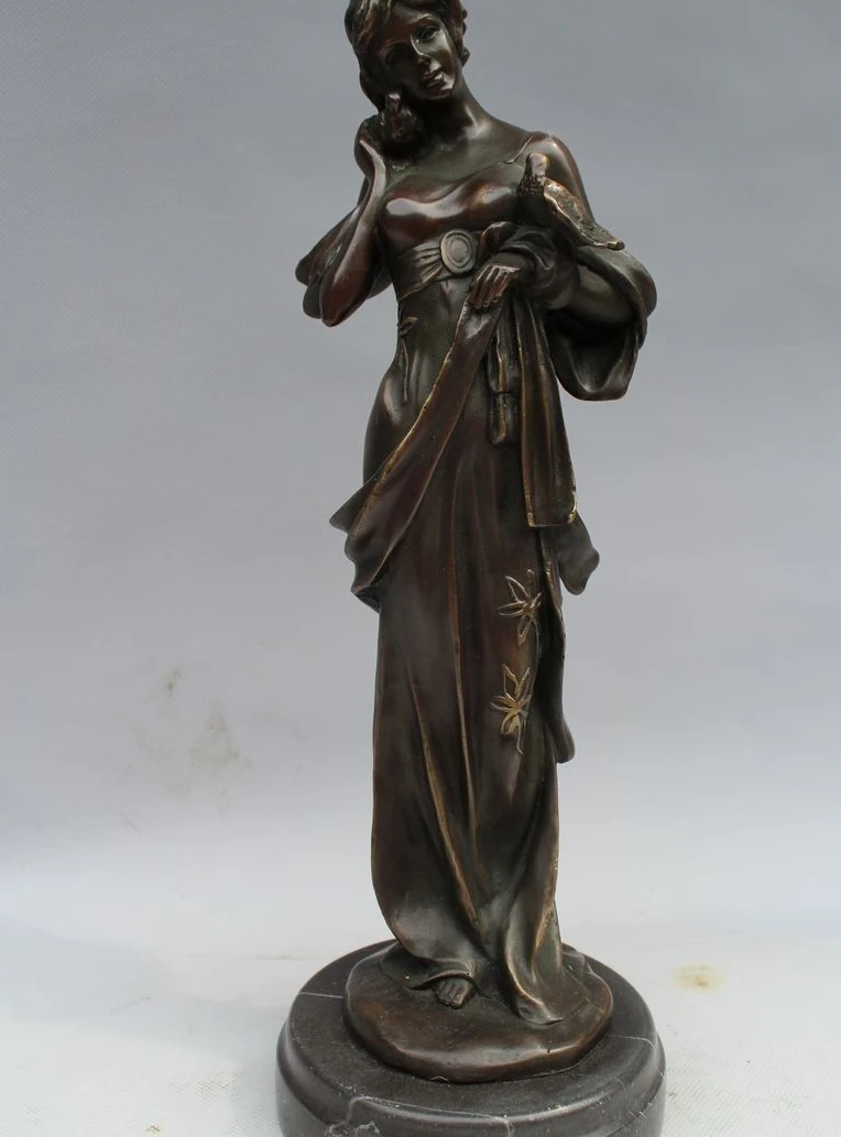 

12"Western Art sculpture Bronze Marble Belle Women Girl Bird Pigeon Statue