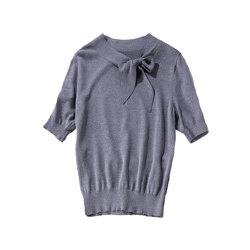 Spring Summer Casual Knitted Solid Color Pullover Butterfly Collar Patchwork Loose Short Sleeve Women Sweater XZ297