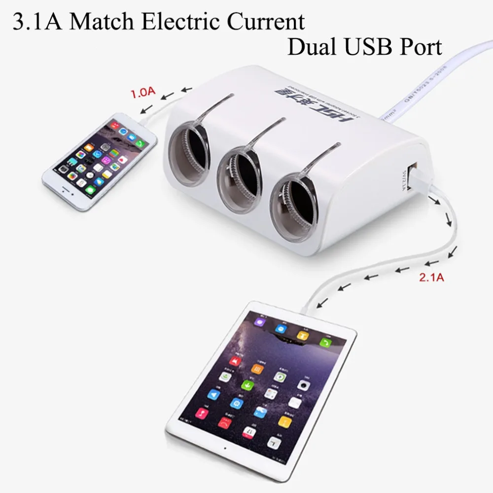 HSC 3 Sockets Way Car Auto Cigarette Lighter Splitter Power Adapter Dual 2 USB Car Charger for iphone for samsung/ Car DVR GPS