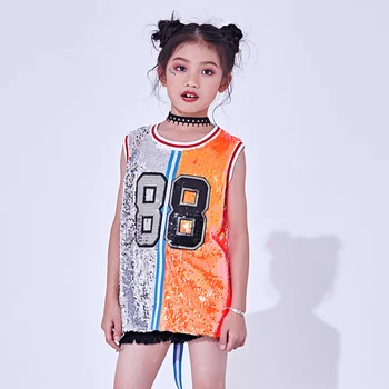 

2019 Hip Hop Dance Costumes Kids Sequin Vest Top Child Jazz Stage Dress Street Dancing Clothes Girls Performance Wear F354