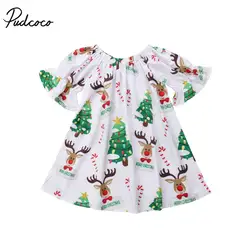 Рождественский новорожденного Платье для маленьких девочек с рождественским оленем дерева принт платья с короткими рукавами сарафан