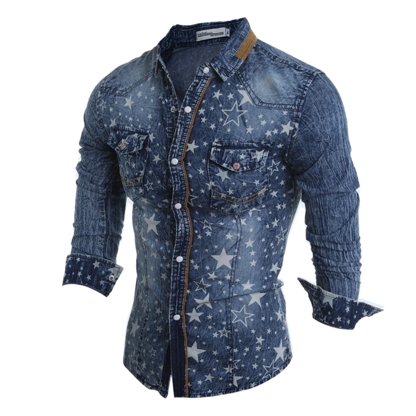 

Print Star Denim Shirt Men Plus Large Size Cotton Jeans Cardigan Casual Fashion Two-pocket Slim Fit Long Sleeve Shirts For Male