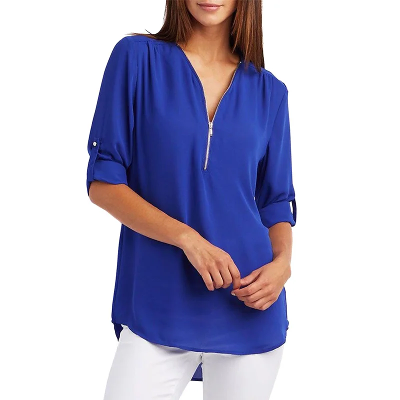 Hot Women Long Sleeve Zipper V Neck Chiffon Blouse Shirts Summer Spring Tops MSK66