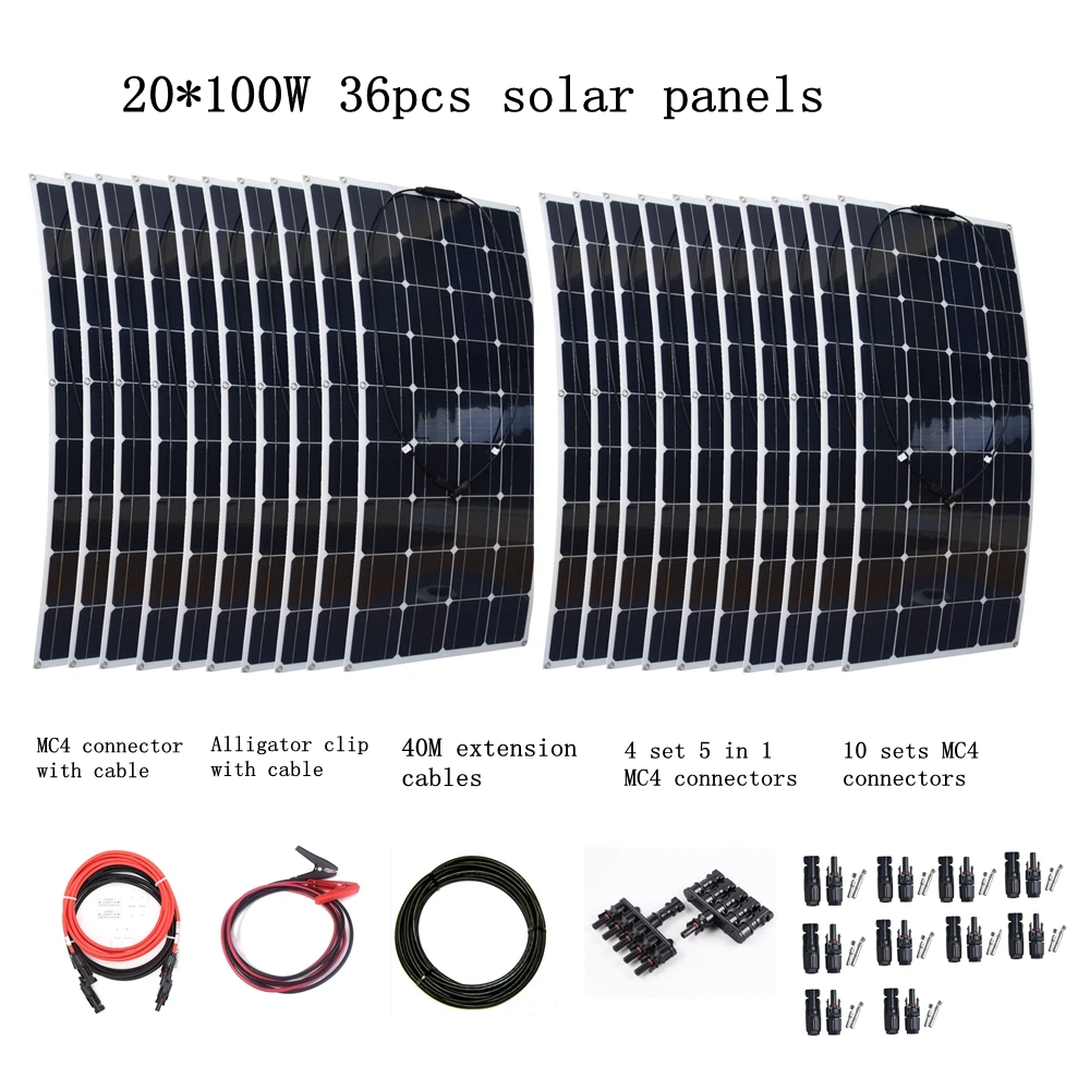 

20*100W Flexible Solar Panel + 40M Extension Cables + 4 Pair 5 in 1 MC4 Connectors + 10 Pair MC4 Connectors 2000W Solar System