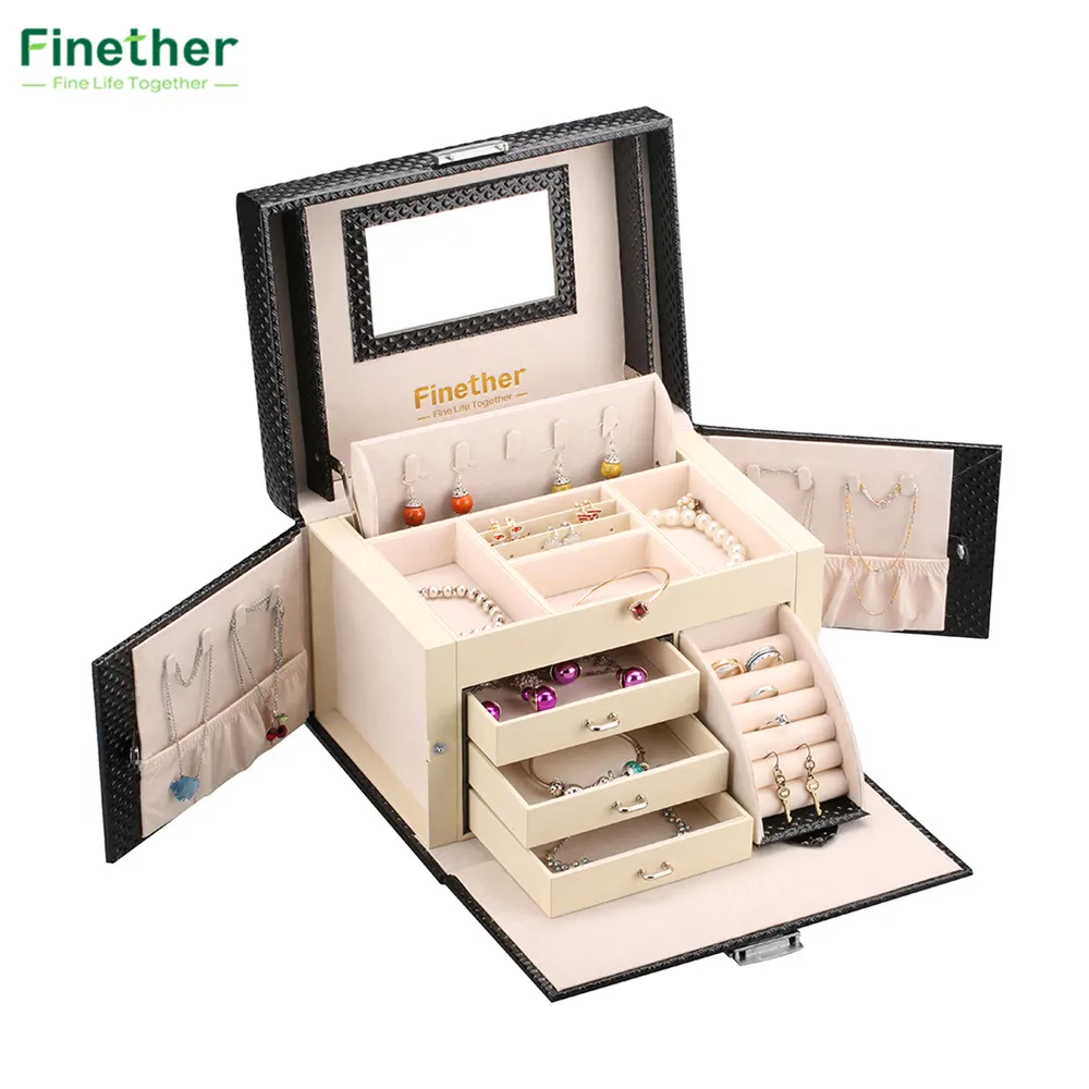 Diamond Pattern Leather Necklace Jewelry Box Lockable Makeup Storage Case Organizer