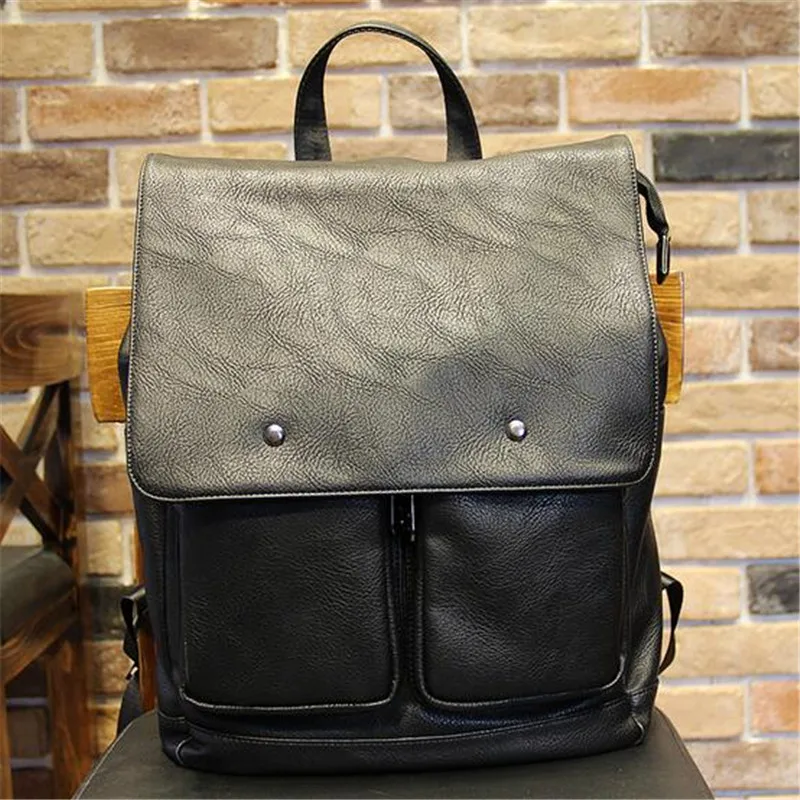 2016 New PU Oil Wax Leather Backpack For Men Western College Style Bags