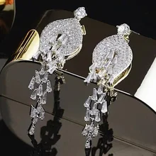 Centro comercial genuina rigant oro blanco plateado zirconia cúbico joyería de lujo pendientes largos para las mujeres. joyería nupcial
