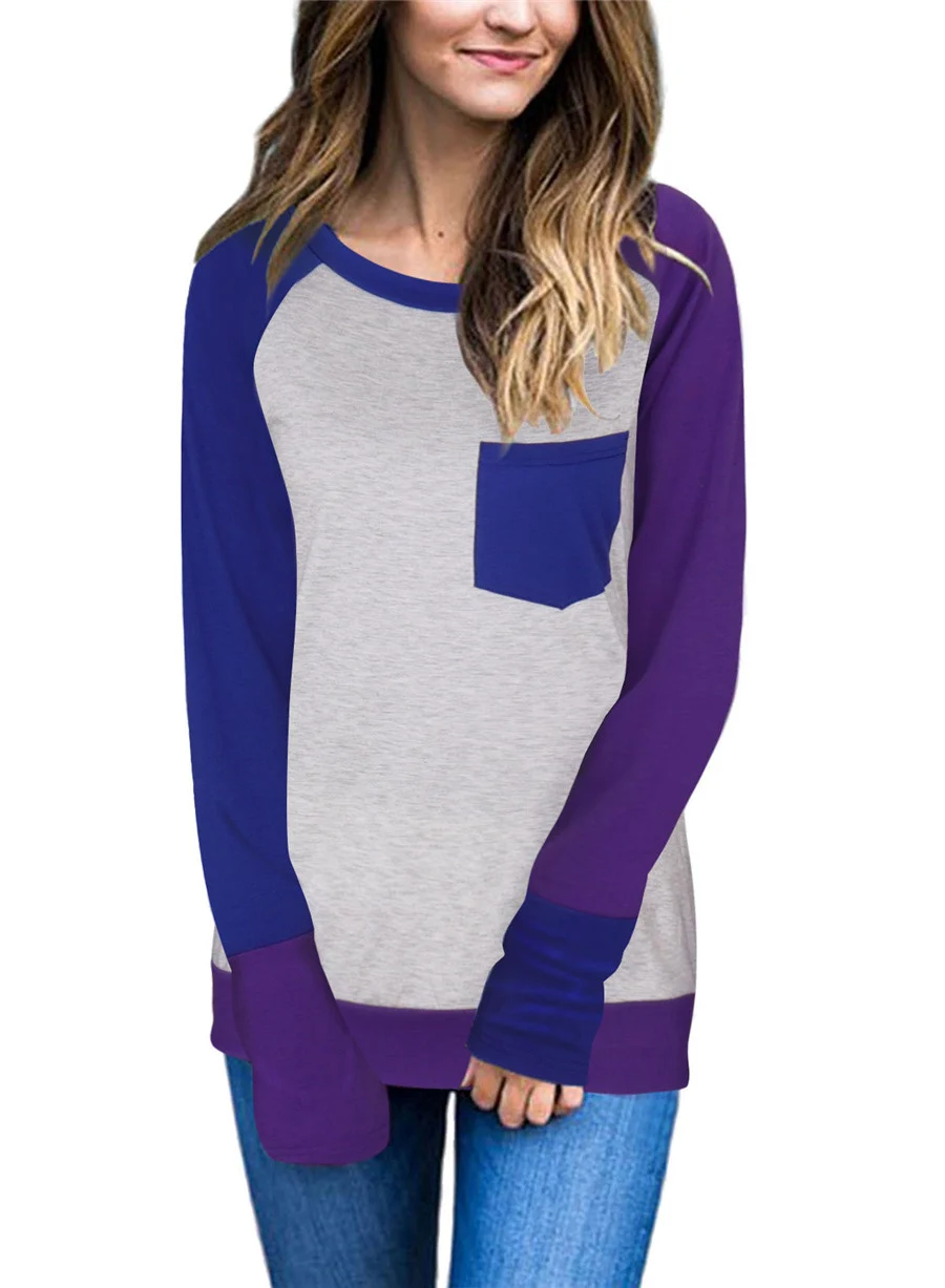Gladiolus Hot Fashion Patchwork T Shirt Women 2018 Long Sleeve O-Neck Pocket Style Women Tops T-shirt Autumn Ladies Tee Shirts  (11)