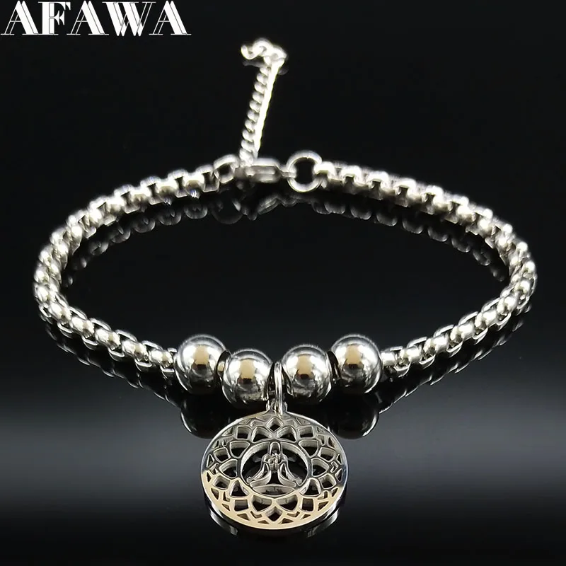 Йога лотоса Нержавеющая сталь браслет Для женщин Серебряный цветный бусины браслет ювелирные изделия с кожей brazaletes mujer B18285