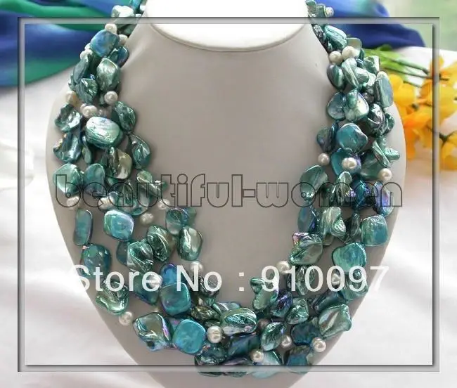 

shipping >>>4row 18mm blue square shell white pearl necklace 20inch