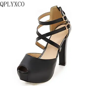 

QPLYXCO New sexy shoes woman Big Size 31-47 Peep Toe Ankle Strap High Heels(12CM) Sandals Platform party wedding Shoes 161-17