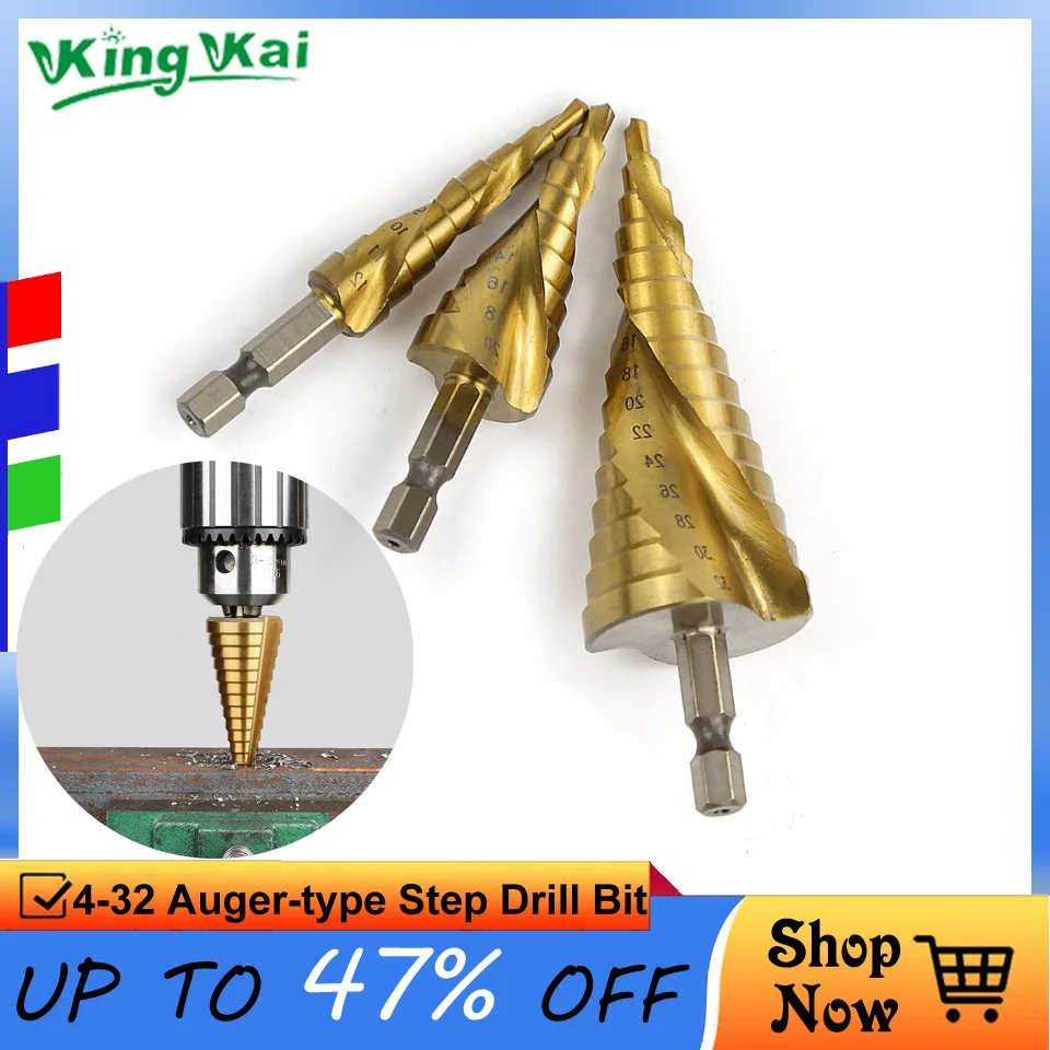 4-12mm 20mm 32mm HSS4241 Spiral Center Step Drill Bit Solid Carbide Mini Drill Accessories Titanium Step Drill Bit hss step cone drill titanium coated hole cutter bit 4 12mm 4 20mm 4 32mm spiral grooved center drill bit triangle shank 3pc set