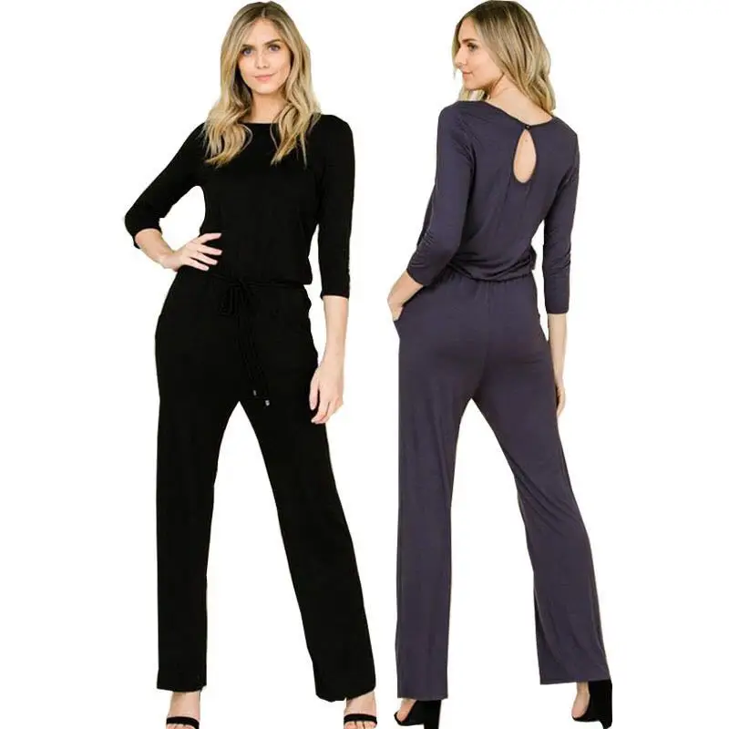 Black New Women Jumpsuits Spring Summer Seven Point Sleeves Solid Wide Leg Trousers Plus Size Bodysuit Women Rompers Casual Set