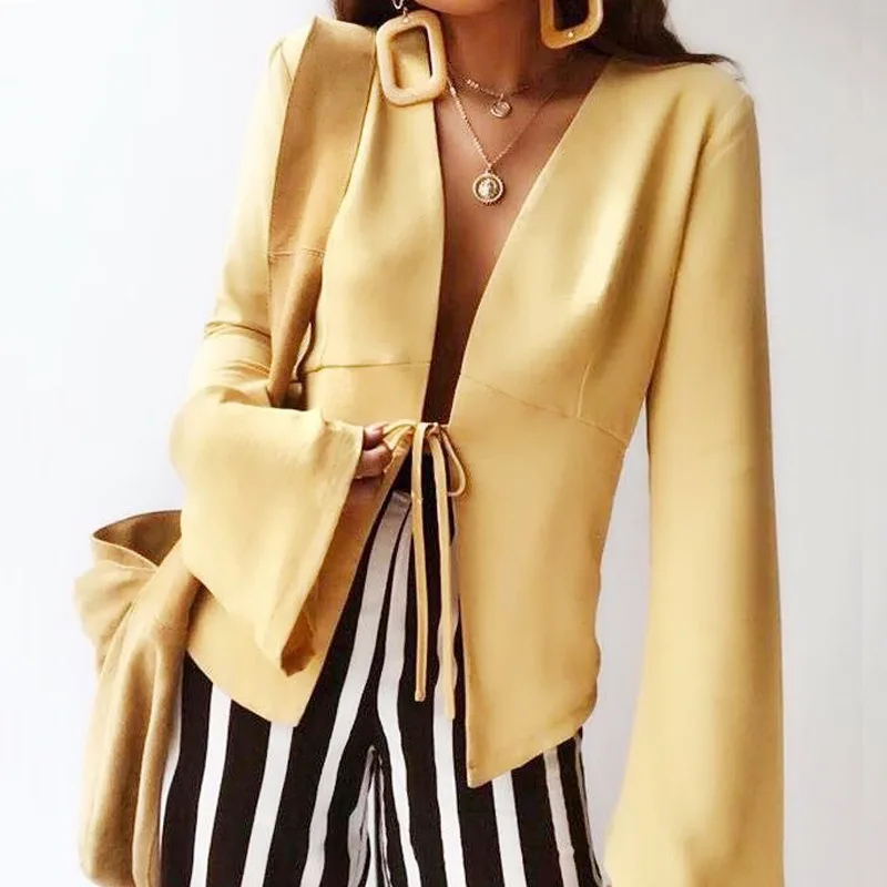 2019 Temperament Waist Slim Ladies Small Suit Long Sleeve Coat Sexy Splicing Lace-up Yellow Fashion New Summer Casual Suit