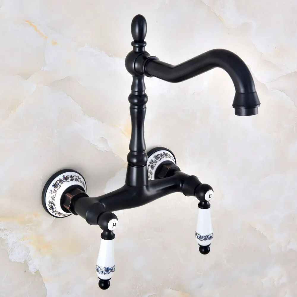 

Kitchen Wet Bar Bathroom Vessel Sink Faucet Black Oil Rubbed Brass Wall Mounted Swivel Spout Mixer Tap Dual Ceramic Lever mnf831